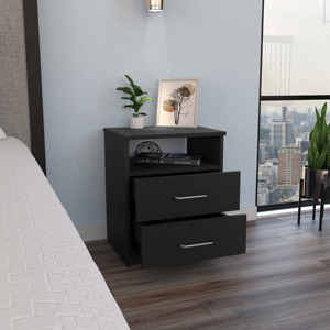 Table de chevet Naples à deux tiroirs et une étagère, noire, unité de rangement pour chambre à coucher - Product Image 3