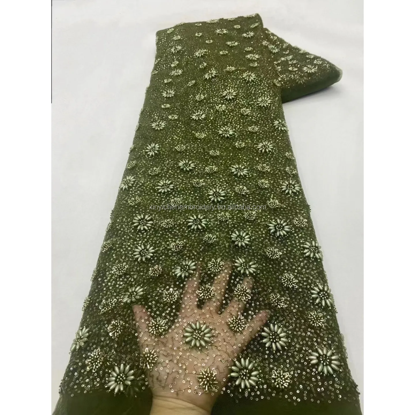 Giá bán buôn sequin ren vải hoa thêu lưới đính cườm ren với sequins pháp Tulle Bridal ren vải cho Ăn mặc