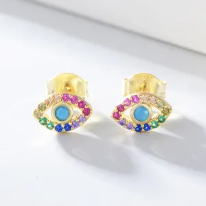 Peishang 925 Sterling Silver Gold Plated Rainbow Colorful Zircon Evil Eyes Earrings