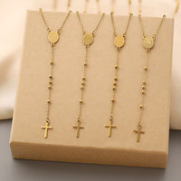 Kalung Manik-Manik Baja Tahan Karat 316L Religius dengan Liontin Salib Berlapis Emas 14K/18K untuk Wanita & Pria