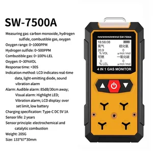 Détecteurs de gaz numériques industriels 4 en 1 de haute précision pour la détection de gaz toxiques, monoxyde de carbone, sulfure combustible, oxygène - SW-7500A - Product Image 2