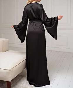 Kimono da Sposa Lungo in <span class=keywords><strong>Raso</strong></span> di Seta Nero da Donna, <span class=keywords><strong>Vestaglia</strong></span> con Scollo a V e Cintura, Maniche Svasate, Lussuoso Abito da Notte e da Casa - Product Image 3