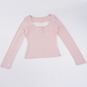 Top de Punto de Manga Larga para Mujer con Cuello Cuadrado con Cordones y Detalle de Botones, Ajuste Delgado, Elástico, Estilo Dulce para Uso Diario Informal - Product Image 6