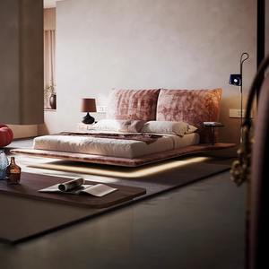 Modern Minimalist Moda Trendi Şönil Yaprak Şeklinde Yüzen Yatak Prenses Pembesi Döşemeli Lüks Ana Yatak Odası İtalyan Kumaş - Product Image 5