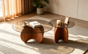 New Arrival <b>Nesting</b> Round Smoked Glass Coffee <b>Table</b> Cloud Cutout Solid Wood Base Mid Century Living Room Tea <b>Table</b> - Product Image 4