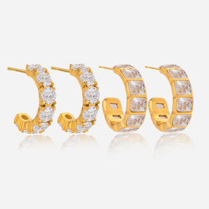 Huggie <b>Earrings</b> Gold Plated Zircon <b>Studs</b> Bezel Setting Everyday Wear Stainless Steel Jewelry Geometric Design - Product Image 1