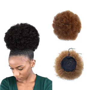 Groothandel 8 Inch Afro Bladerdeeg Synthetisch Haar Broodje Paardenstaart Kinky Krullend Clip In Extensions Franse Krullend Afro Haar Broodje Voor afrikaanse