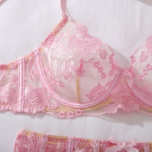 Ensemble de lingerie rose brodé de fleurs avec porte-jarretelles à nœud et <span class=keywords><strong>bas</strong></span>, lingerie sculptante sexy pour femme, style Pure Desire, cadeau romantique - Product Image 3