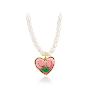 BLnecklace-01334 xuping jewelry Glamour Vintage Sweet Pink Tulip Heart Pendant 14k Gold Plated Pearl Necklace