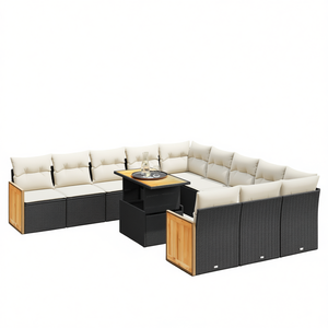 Ensemble de canapés de jardin avec accoudoirs réglables, en rotin PE noir, 10 places, mobilier d'extérieur, design contemporain, structure en teck - Product Image 1