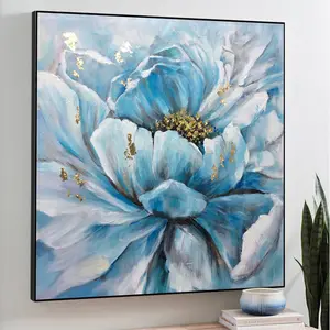 لوحة زيتية عصرية مصنوعة يدويًا 100% للجدران برسومات الأزهار الزرقاء على قماش الكتان رسومات زهور جميلة لتزيين غرفة المعيشة والمكتب والمنزل