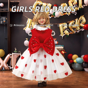 Vestido de Princesa para Niñas, Formal, con Capas, Cuello Redondo, Sin Mangas, Satinado, Largo hasta la Rodilla, Rojo y Blanco, Vibrante, Lindo y Lavable - Product Image 2