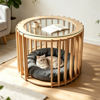 Table basse intégrée 2 en 1 et lit pour chat, table d'appoint en bois avec plateau en verre rond, mobilier de couchage pour animaux de compagnie d'intérieur pour salon