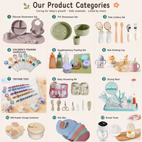 Ensemble d'alimentation pour bébé en silicone comprenant des bols et assiettes à ventouse, un bavoir, un bol à collation, une tasse, une chaîne à sucette, et une nappe pour cadeau de bébé