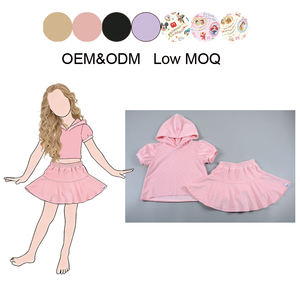 Tenues décontractées pour filles, ensemble <span class=keywords><strong>de</strong></span> vêtements pour enfants personnalisés, coton, deux pièces, <span class=keywords><strong>couleur</strong></span> unie, hauts à manches bouffantes courtes, jupe à capuche - Product Image 4