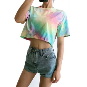 Venta al por mayor, nueva moda, Crop Top Multicolor, 100% algodón, sexy, mujer, Tie Dye, camisetas