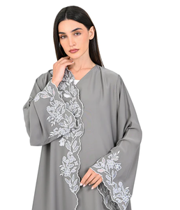 Vestido Kaftán Maxi Elegante y Casual de LEDUO, Personalizado, Gris, con Bordado Floral, Manga Larga, Cuello en V, para Mujer - Product Image 1