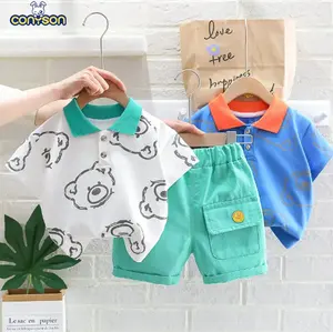 Conyson - Camiseta infantil casual Conyson, roupa de verão para bebês, shorts, 2 peças, com desenhos de urso, para meninos e meninas, novidade de 2024