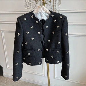 Alta calidad corazón patrón hebilla negro abrigo mujer Vintage manga larga cuello en V prendas de vestir lana Tweed mujer Chaqueta corta - Product Image 1