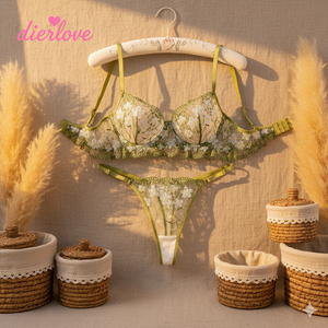 Ensemble de lingerie en dentelle vert sauge pour femmes, broderie de marguerites, soutien-gorge en maille, ensemble de string sexy, style français exotique, sous-vêtements 2 pièces - Product Image 5