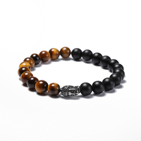 Vente en gros tendance 8mm pierre naturelle d'oeil de tigre Onyx noir Bracelet perlé en acier inoxydable tête de bouddha Bracelets à breloques pour hommes