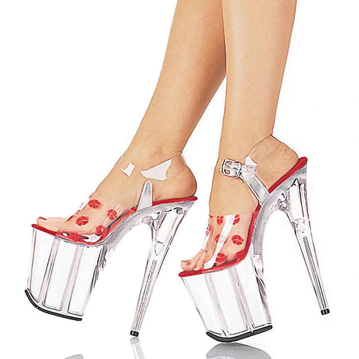 20cm summer new fish mouth platform thin heel steel pipe dance high heels red lip transparent fashion sandals