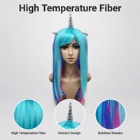 Perruque synthétique longue et droite à l'aspect naturel, résistante à la chaleur, dégradé bleu-rose, avec oreilles d'elfe en forme de corne pour festival et cosplay