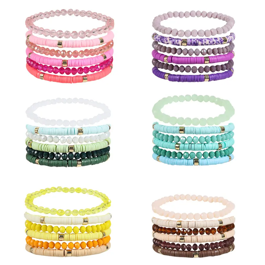 NUORO gelang manik-manik tali elastis trendi gaya Bohemian perhiasan buatan tangan warna-warni gelang manik-manik tanah liat polimer Set 6 buah