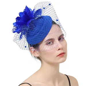 Women Lady Feather Kentucky Derby Cocktail Tea Party Church Hat With Veil Wedding Bridal Headwear