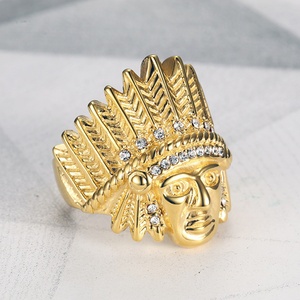 Hiphop <b>Indian</b> Head Chief <b>Ring</b> Crystal Gold Plated <b>Rings</b> for Men - Product Image 2