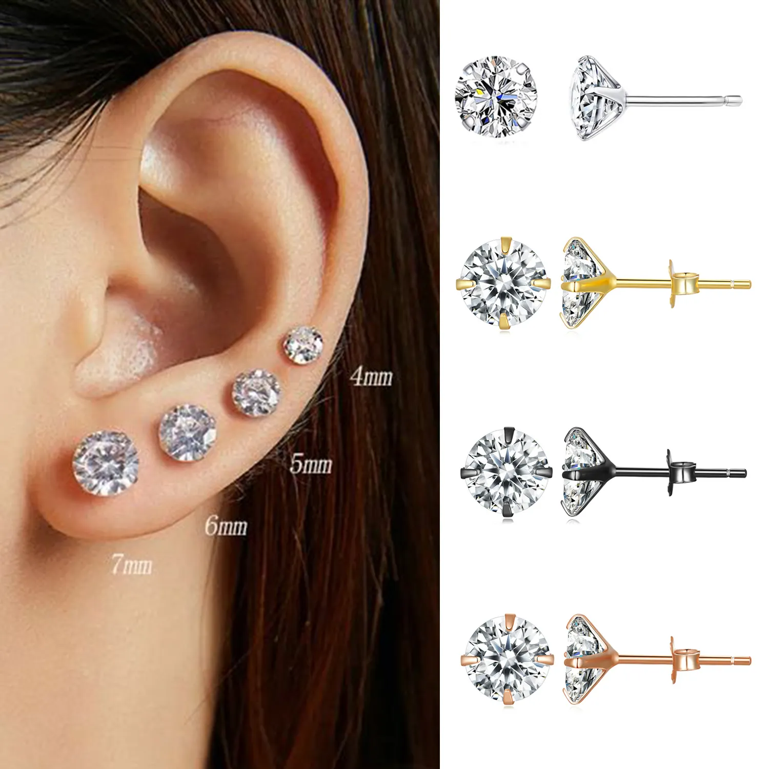 Wholesale silver earrings cheap 925 sterling silver shiny cubic zirconia ear stud rose gold plated simple earring Jiangyuan