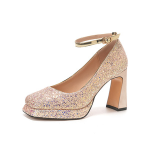 Sandalias Y9609 con Tacón Grueso y Punta Cuadrada con Brillantina y Correa Trasera, Tacón Alto para Vestido de Fiesta o Boda - Product Image 5