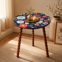 Table d'appoint ronde mandala détachable en bois massif avec pieds torsadés, style nordique européen pour la maison