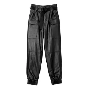 Wholesale Custom Made Motorcycles Leather Cargo Pants Women Genuine Sheepskin Leather Pants