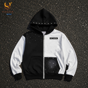 Custom Acid Wash Zip up Patchwork Rhinestone Hoodie Hooded Oversize Boxy Embroidery Graphic Print Men's Hoodies & Sweatshirts - Product Image 1