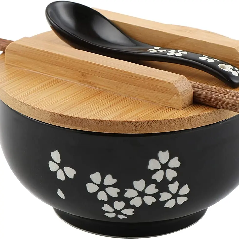 Cuencos de fideos japoneses Cuchara Tazón de sopa de cerámica grande Tazón de arroz dibujado a mano negro Vajilla