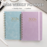 Agenda Semanal y Mensual 2026, Impresa, con Espiral Cosido, Cubierta de Cuero PU, Tapa Dura, Morado y Azul