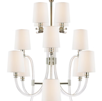 Lustre à deux niveaux en acrylique transparent avec bras courbés en laiton et abat-jour en lin, grand lustre de style transitionnel pour villa, hall d'entrée, escalier