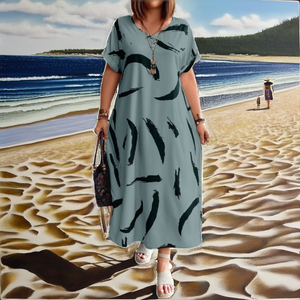 Vestido Casual de Verano para Mujer, Tallas Grandes, Cintura Imperio, Maxi, con Logo Frontal, Cuello Redondo, Manga Corta, Estampado, para Moda - Product Image 2