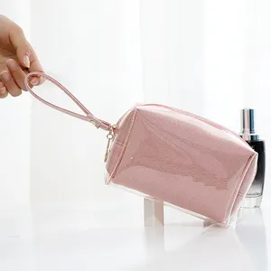 闪光透明奢华回收可爱防水自有标签聚氯乙烯全息小粉色旅行透明定制化妆包