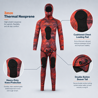 DIVESTAR Custom Hood Merah Hitam Camo 2-Piece Lengan Panjang Tahan Air Bernapas 3mm Neoprene Wetsuit Pakaian Selam untuk Spearfishing