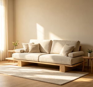 Set di Divani Moderni Quadrati con Design Trapuntato, Imbottitura in Spugna, Divano Letto Girevole in Stile Giapponese Wabi-sabi, Mobili per Soggiorno in Legno Massello - Product Image 1