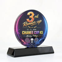 Trophée en cristal noir avec base, impression couleur UV, trophée en verre rond en cristal