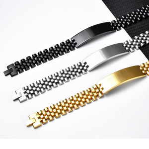 F459 <span class=keywords><strong>bracciale</strong></span> con Logo inciso da uomo personalizzato in acciaio inossidabile nero <span class=keywords><strong>argento</strong></span> placcato oro gioielli da uomo bracciali con barra vuota - Product Image 1