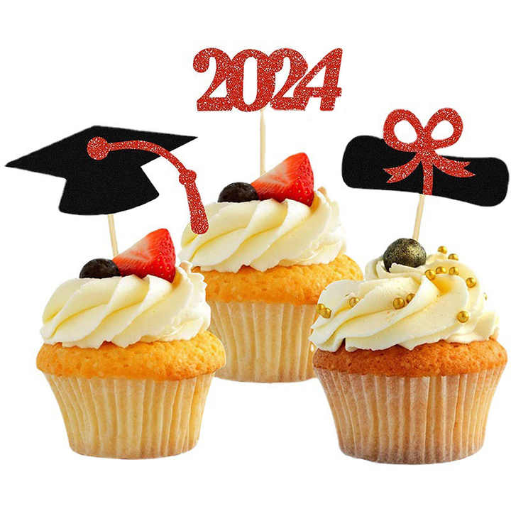 Toppers Per Torta Laurea 2023 - 2 Pezzi Con Scritte 'Laurea' E 'Congratulazioni', + Coriandoli, Rosso E Nero - Foto 3