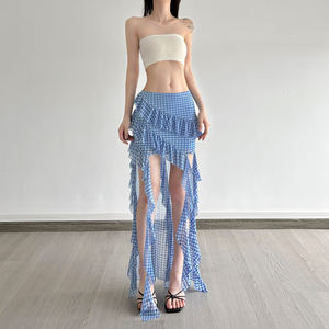 กระโปรงยาวทรงเอ midi ลายสก็อต ผ้าตาข่าย เอวสูง ชายระบายแบบไม่สมมาตร ผ่าข้าง ทรงเข้ารูป พลิ้วไหว สไตล์เรโทร - Product Image 1