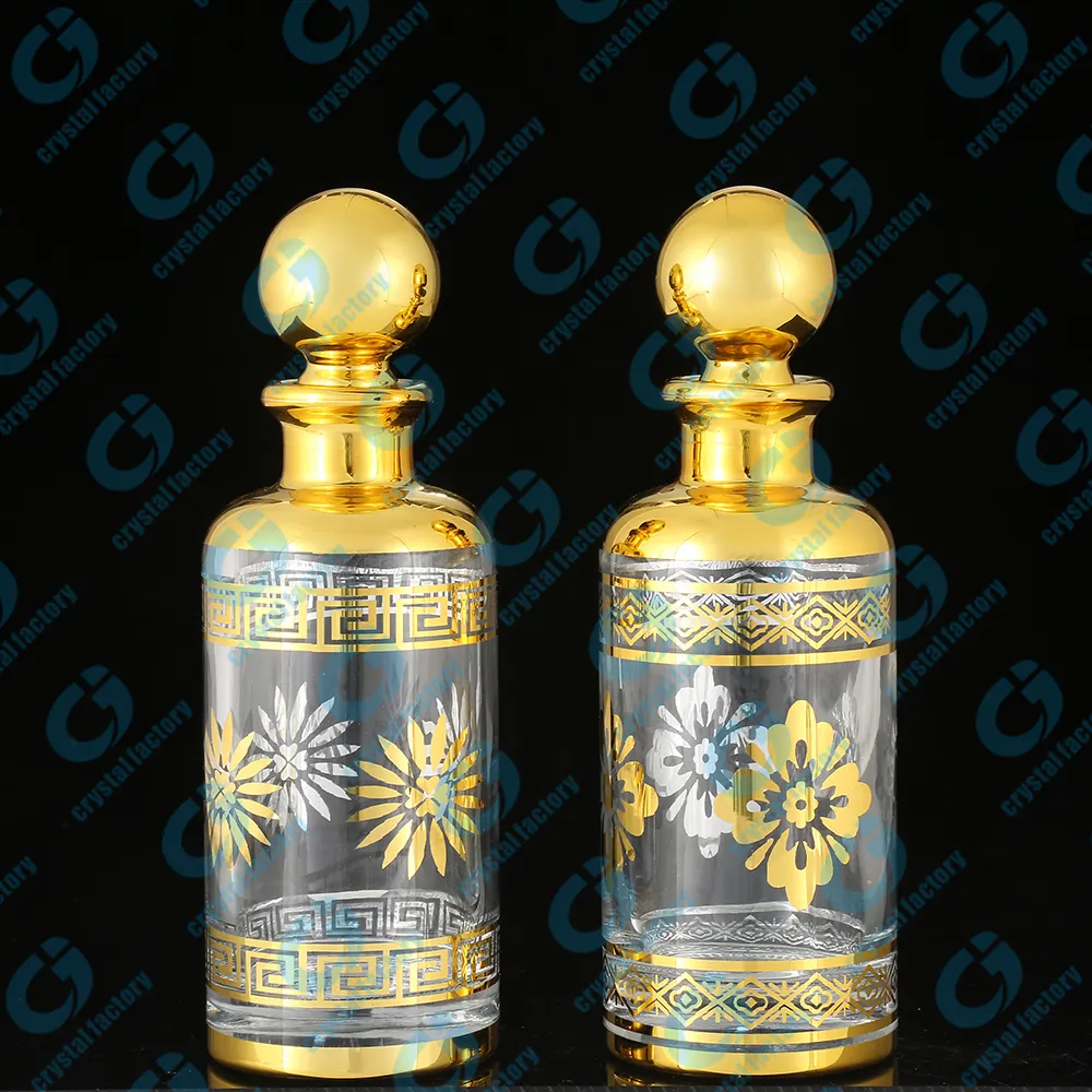 Botol Decanter Kaca Attar Kosong Emas Lukisan Tangan Grosir Dekoratif 200ML