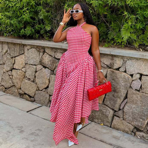 Wholesale Gingham Check Halter Midi <strong>Dress</strong> Sleeveless High Neck Fitted Waist Asymmetric <strong>Hanky</strong> <strong>Hem</strong> Casual Vacation <strong>Dress</strong> - Product Image 4
