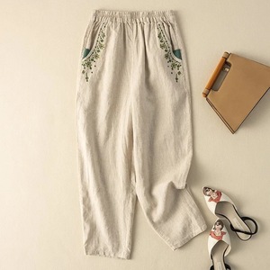 Cotton Linen Embroidered Harem Pants Elastic Waist Loose Fit Casual Cropped Pants With Pockets Breathable Women's Pants - Product Image 2