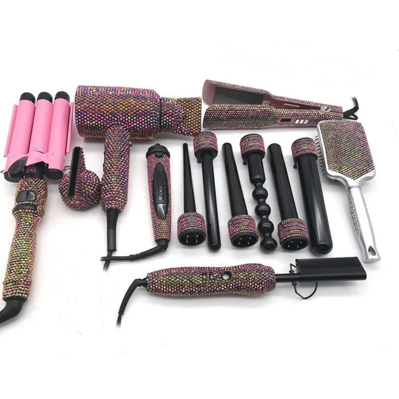 6 Piece diamond Hair Straightener Crystal Hot comb Blow Dryers Curling Wands professional hot salon tools